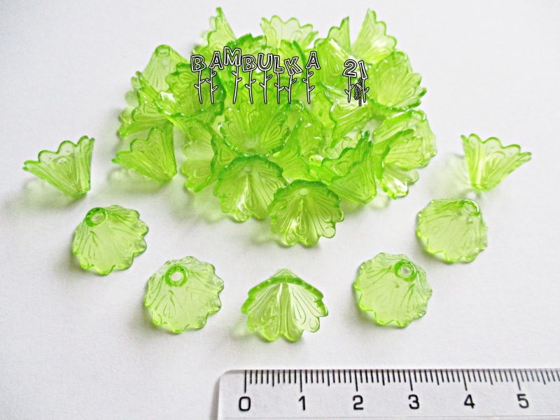 Akrylové zvonečky, kytičky - sukýnky - kaplíky 1ks 15x10mm, barva zelená čirá