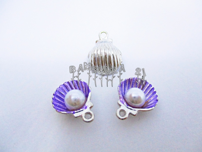 Kovový přívěsek mušle s perličkou, 15x11mm, fialová