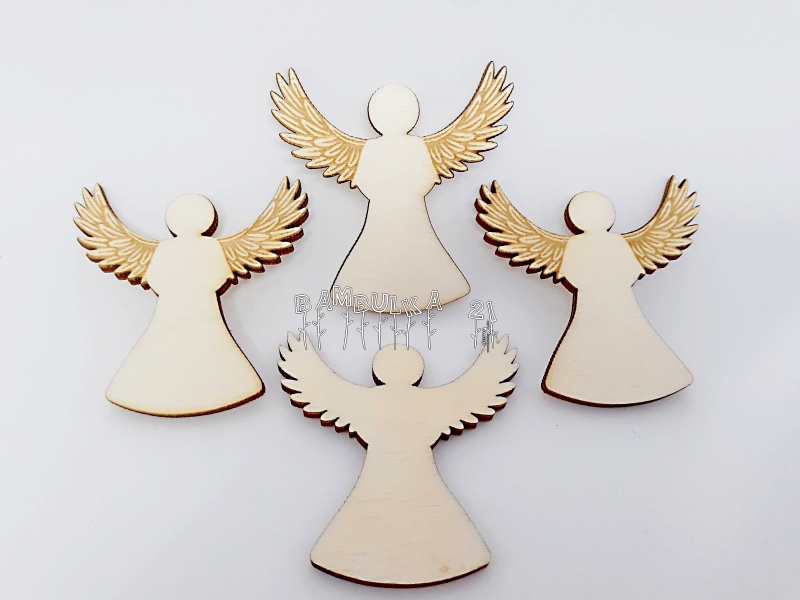 Dřevěný anděl s ozdobnými křídly, cca 50x50mm, 1ks