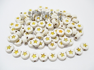 Akrylové korálky s hvězdičkami cca 7x4mm, bílé se zlatou, 1ks